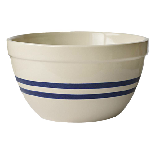 Handcrafted USA-made stoneware shoulder bowl with classic blue stripes, durable and versatile for mixing, baking, and serving, ideal for Kitchen & Food and Cookware collections.