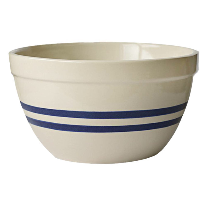 Handcrafted USA-made stoneware shoulder bowl with classic blue stripes, durable and versatile for mixing, baking, and serving, ideal for Kitchen & Food and Cookware collections.