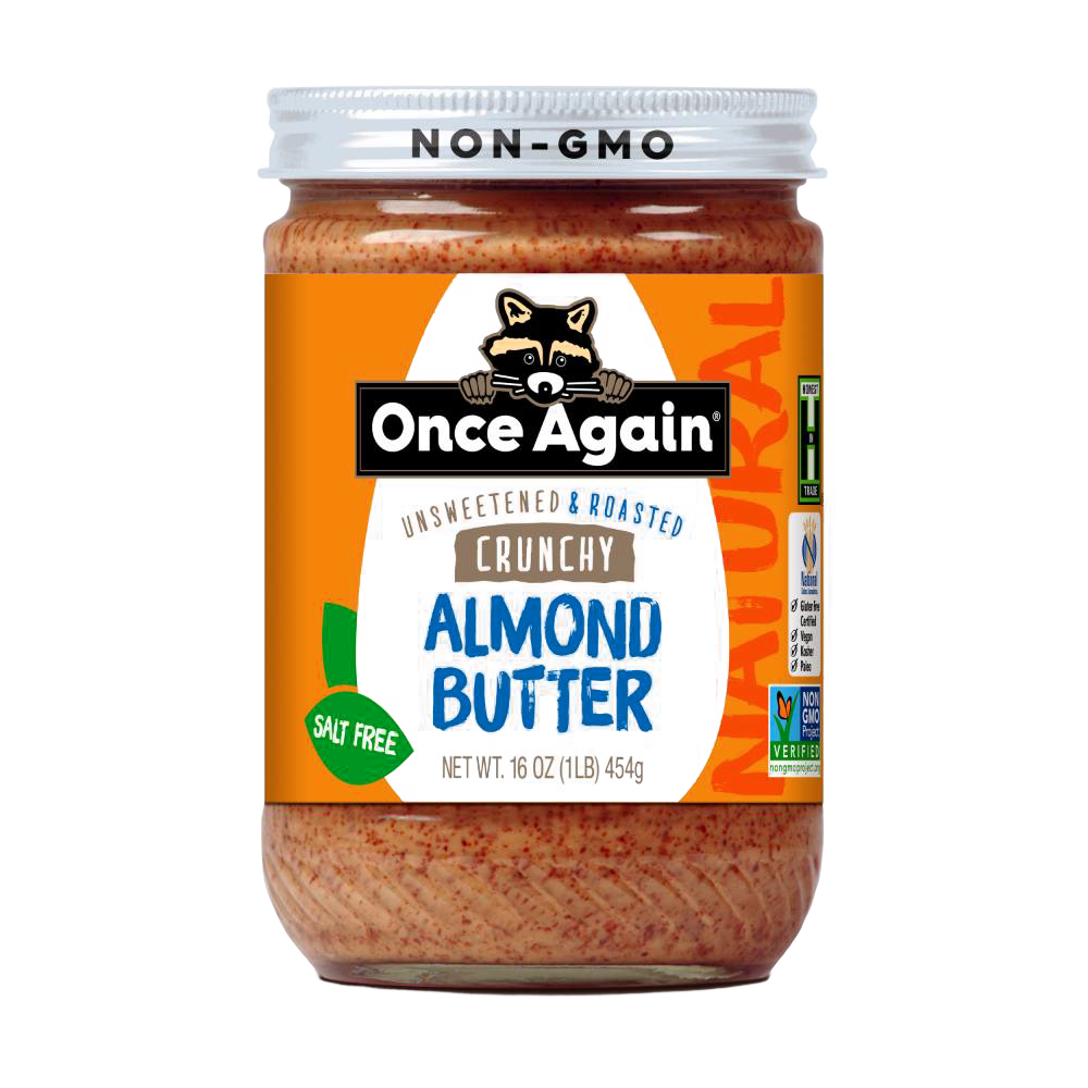 Jar of handcrafted crunchy almond butter with no added sugar or salt, made in USA, featuring natural roasted almonds, ideal for Kitchen & Food, Peanut Butter & Jellies, Gluten Free, and Best Sellers collections.