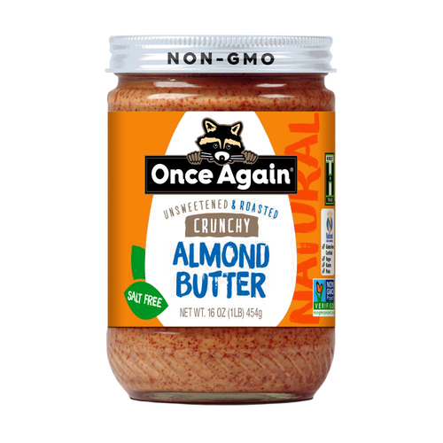 Jar of handcrafted crunchy almond butter with no added sugar or salt, made in USA, featuring natural roasted almonds, ideal for Kitchen & Food, Peanut Butter & Jellies, Gluten Free, and Best Sellers collections.