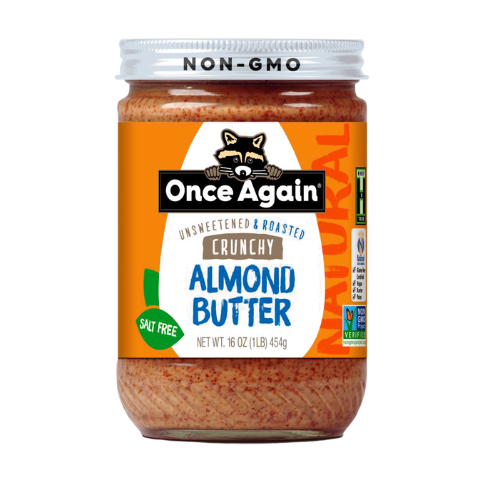Jar of handcrafted crunchy almond butter with no added sugar or salt, made in USA, featuring natural roasted almonds, ideal for Kitchen & Food, Peanut Butter & Jellies, Gluten Free, and Best Sellers collections.
