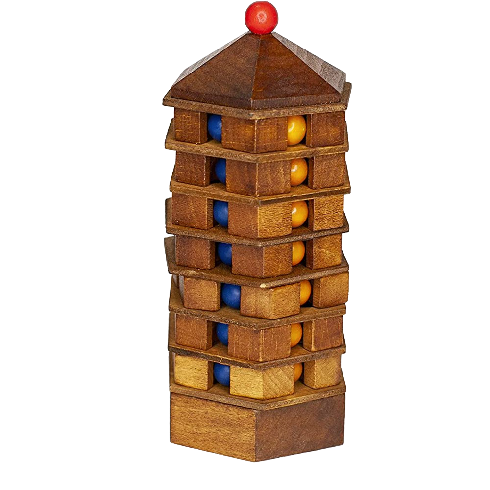 Handcrafted wooden pagoda brainteaser puzzle featuring multiple stacked layers with blue and yellow colored balls inside, designed for ages 14+, perfect for Toys, Games and Puzzles collections.