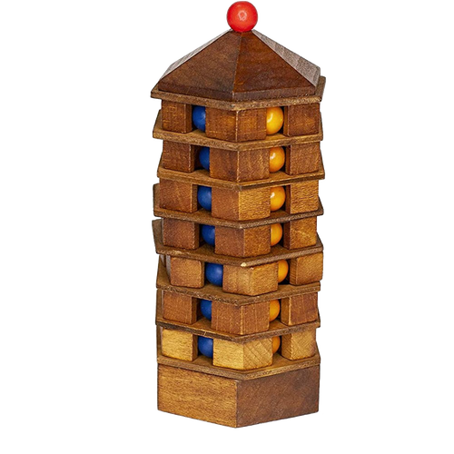 Handcrafted wooden pagoda brainteaser puzzle featuring multiple stacked layers with blue and yellow colored balls inside, designed for ages 14+, perfect for Toys, Games and Puzzles collections.