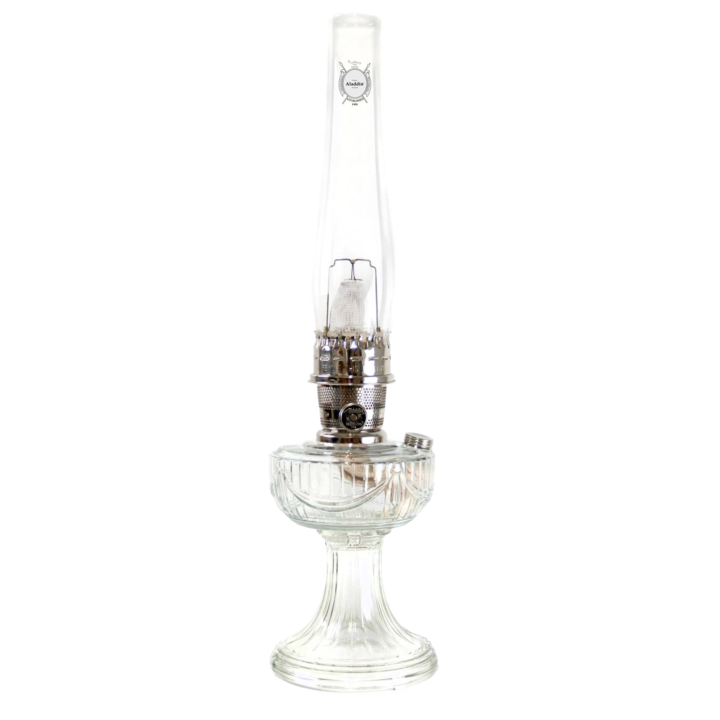 Unique handcrafted clear glass oil lamp with silver metal burner and tall chimney, designed for bright, long-lasting light, featured in Lamps & Lighting, Oil Lamps, Table Lamps, Best Sellers, and Promo Eligible collections.