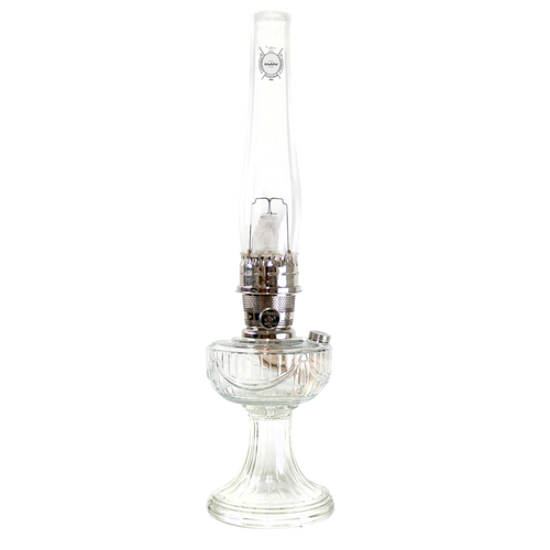 Unique handcrafted clear glass oil lamp with silver metal burner and tall chimney, designed for bright, long-lasting light, featured in Lamps & Lighting, Oil Lamps, Table Lamps, Best Sellers, and Promo Eligible collections.