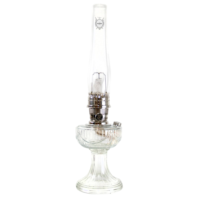 Unique handcrafted clear glass oil lamp with silver metal burner and tall chimney, designed for bright, long-lasting light, featured in Lamps & Lighting, Oil Lamps, Table Lamps, Best Sellers, and Promo Eligible collections.