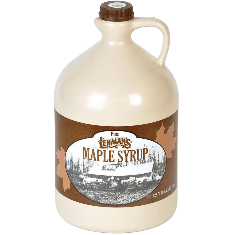 Handcrafted beige jug of medium amber maple syrup with a brown label featuring vintage imagery, ideal for Kitchen & Food, Pantry, USA Made, and Best Sellers collections.