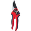 Large bypass pruning shears with ergonomic red and black handles and sharp curved steel blades, designed for precision cutting in garden, lawncare, and farm tool collections.
