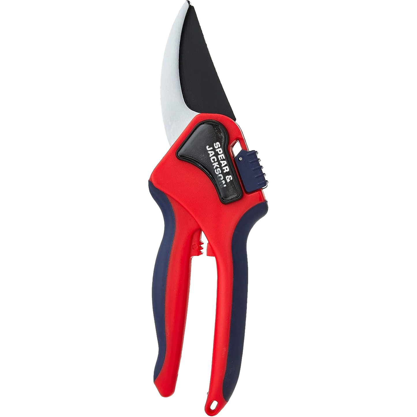 Large bypass pruning shears with ergonomic red and black handles and sharp curved steel blades, designed for precision cutting in garden, lawncare, and farm tool collections.