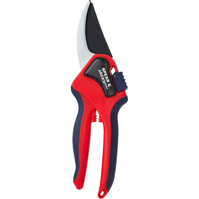 Large bypass pruning shears with ergonomic red and black handles and sharp curved steel blades, designed for precision cutting in garden, lawncare, and farm tool collections.