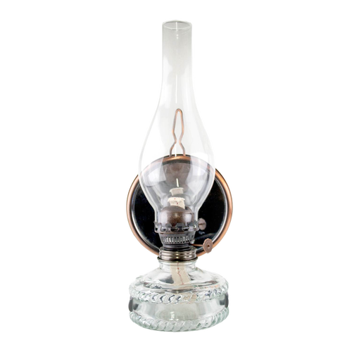 Clear glass reflector oil lamp with removable mirror reflector, 4-1/2" diameter chimney, and 12" height, handcrafted and ideal for Lamps & Lighting, Oil Lamps, Wall Lamps, and Best Sellers collections.
