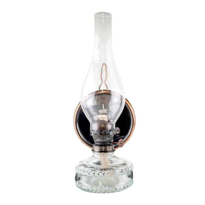 Clear glass reflector oil lamp with removable mirror reflector, 4-1/2" diameter chimney, and 12" height, handcrafted and ideal for Lamps & Lighting, Oil Lamps, Wall Lamps, and Best Sellers collections.