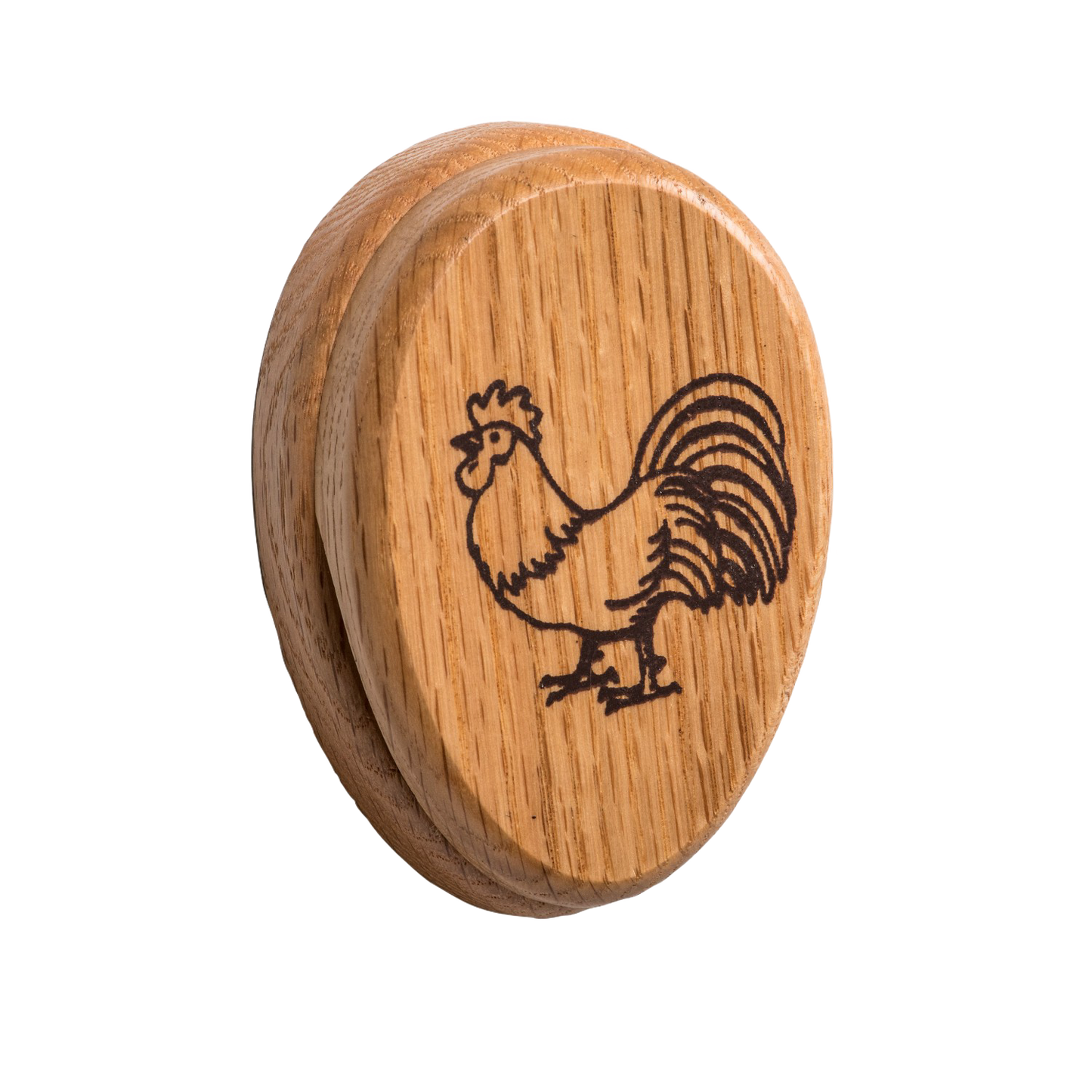 Handcrafted oak towel holder with protective clear finish, featuring a rustic rooster engraving, part of Home & Decor, Household Helpers, USA Made, Amish Made, and Best Sellers collections.