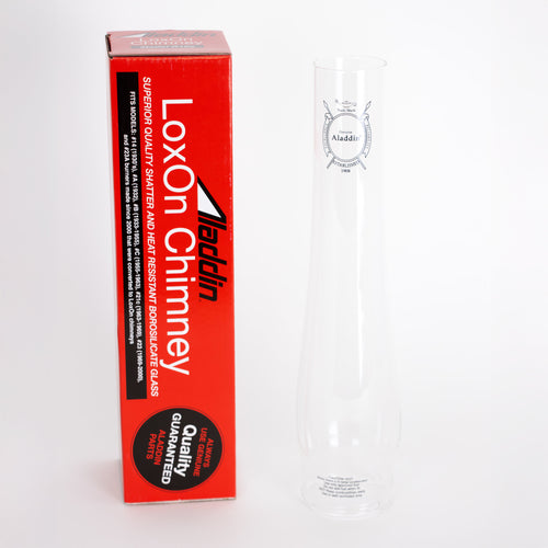 Clear glass oil lamp chimney with printed logo, shown beside tall red box labeled for shatter resistance and heat durability, suitable for Lamps & Lighting, Chimneys and Globes, Parts and Accessories, Best Sellers, and Promo Eligible collections.