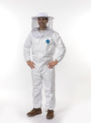 Man wearing white protective beekeeping coverall with elastic cuffs and ankles, white hat with veil, standing against a plain background, featured in Farm, Garden & Tool and Beekeeping Supplies collections.