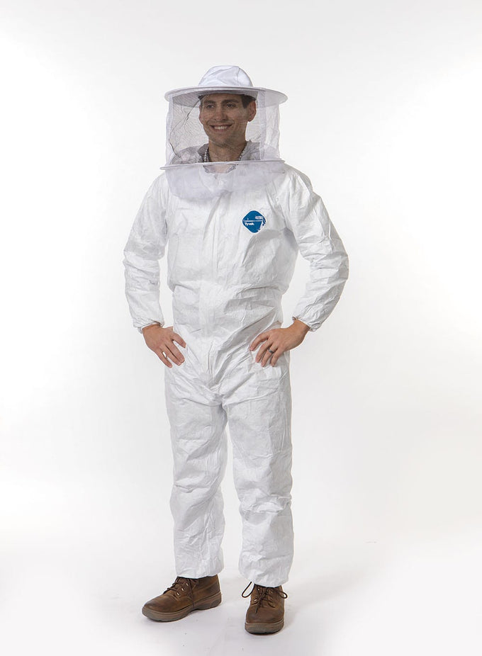 Man wearing white protective beekeeping coverall with elastic cuffs and ankles, white hat with veil, standing against a plain background, featured in Farm, Garden & Tool and Beekeeping Supplies collections.