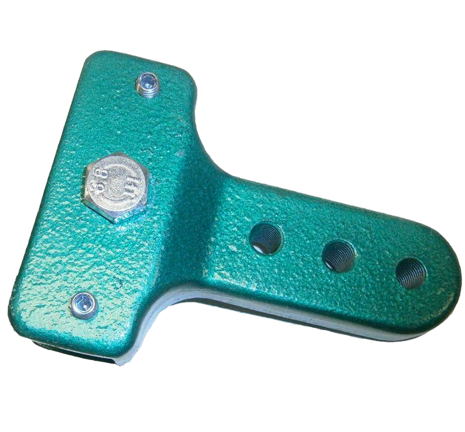 Teal cast iron handle extension with textured finish and mounting holes, designed to improve leverage for easier grain milling, suitable for Kitchen & Food and Grain Mills collections.