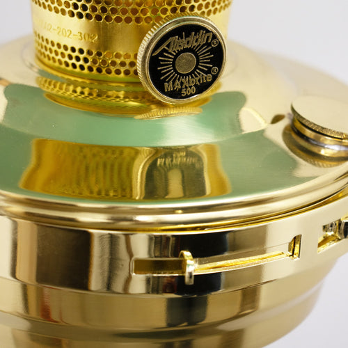 Close-up of gleaming brass adjustment knob and fuel tank on a deluxe hanging oil lamp, showcasing solid construction ideal for Farm, Garden & Tool, Emergency Supplies, and Best Sellers collections.