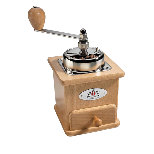 Handcrafted coffee grinder with wooden body and metal crank, designed for grinding fresh beans, perfect for Farm, Garden & Tool and Brewing Coffee and Tea collections.