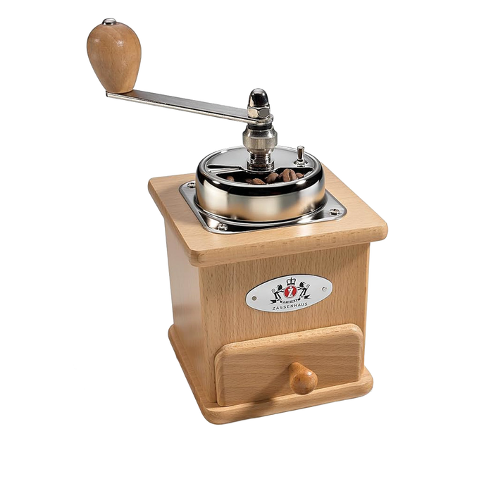 Handcrafted coffee grinder with wooden body and metal crank, designed for grinding fresh beans, perfect for Farm, Garden & Tool and Brewing Coffee and Tea collections.