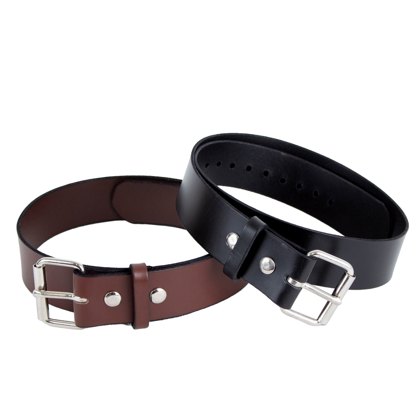 Two handcrafted Amish leather belts in brown and black, 2 inches wide with chrome buckles and snaps, made in the USA, featured in Health & Wellness, USA Made, Amish Made, and Best Sellers collections.