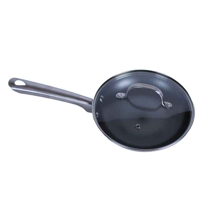 Handcrafted nitrogen hardened cast iron skillet with smooth stainless steel handle and clear glass lid, designed for Kitchen & Food, Cookware, Cast Iron, Best Sellers, Promo Eligible, and Sale collections.