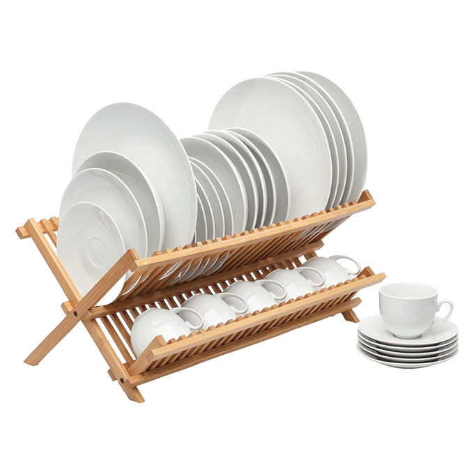 Handcrafted foldable bamboo drying rack designed to air dry plates, bowls, cups, and flatware efficiently, featured in Home & Decor, Kitchen Gadgets, and Best Sellers collections.