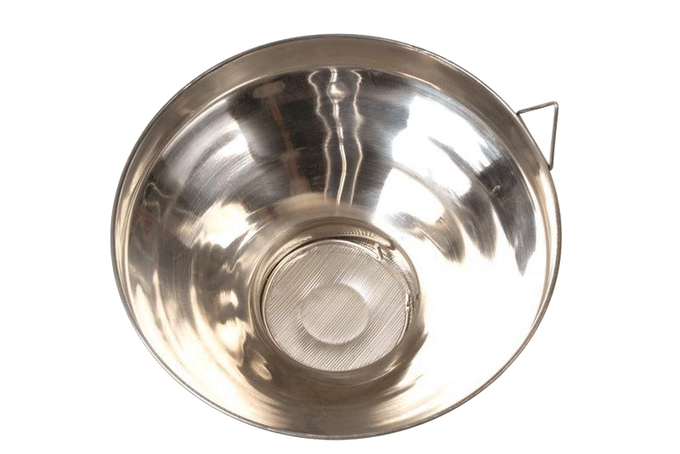 Handcrafted large milk strainer made of 304 grade stainless steel with fine mesh screen and locking handle, ideal for Farm, Garden & Tool, Animal Care, Best Sellers, and Promo Eligible collections.