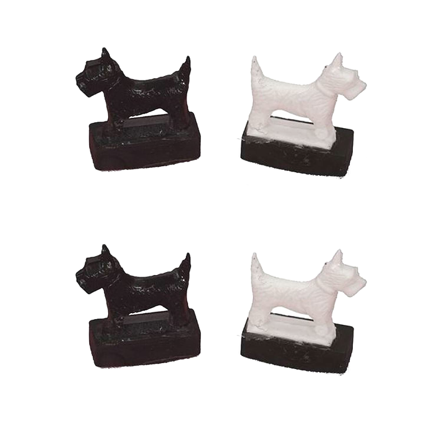 Handcrafted set of four magnetic Scottie dog toys in black and white, designed for indoor play and children's entertainment, part of USA Made and Best Sellers collections.