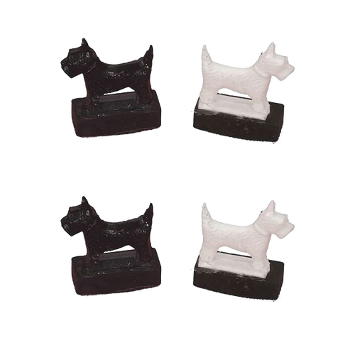 Handcrafted set of four magnetic Scottie dog toys in black and white, designed for indoor play and children's entertainment, part of USA Made and Best Sellers collections.