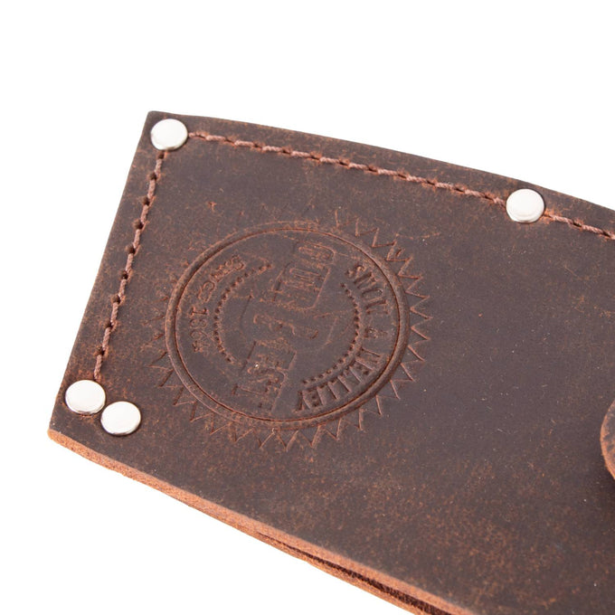 Handcrafted full-grain American leather guard with sturdy stitching and rivets, designed for protecting axe blades, ideal for Farm, Garden & Tool and Amish Made collections.