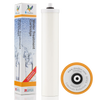 White cylindrical water filter element with orange rim labeled for limescale reduction, shown alongside branded packaging featuring water treatment graphics, fitting appliances and water treatment collections.