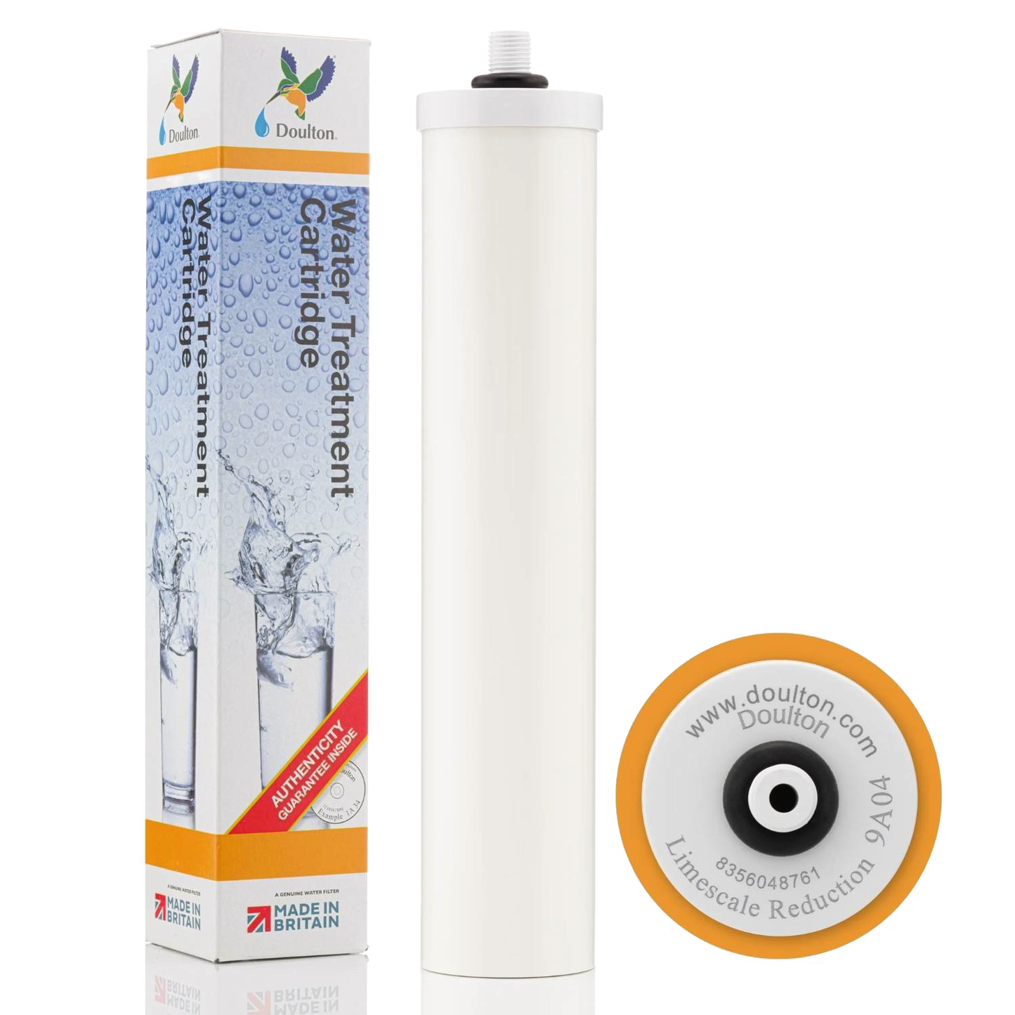 White cylindrical water filter element with orange rim labeled for limescale reduction, shown alongside branded packaging featuring water treatment graphics, fitting appliances and water treatment collections.
