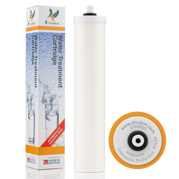 White cylindrical water filter element with orange rim labeled for limescale reduction, shown alongside branded packaging featuring water treatment graphics, fitting appliances and water treatment collections.