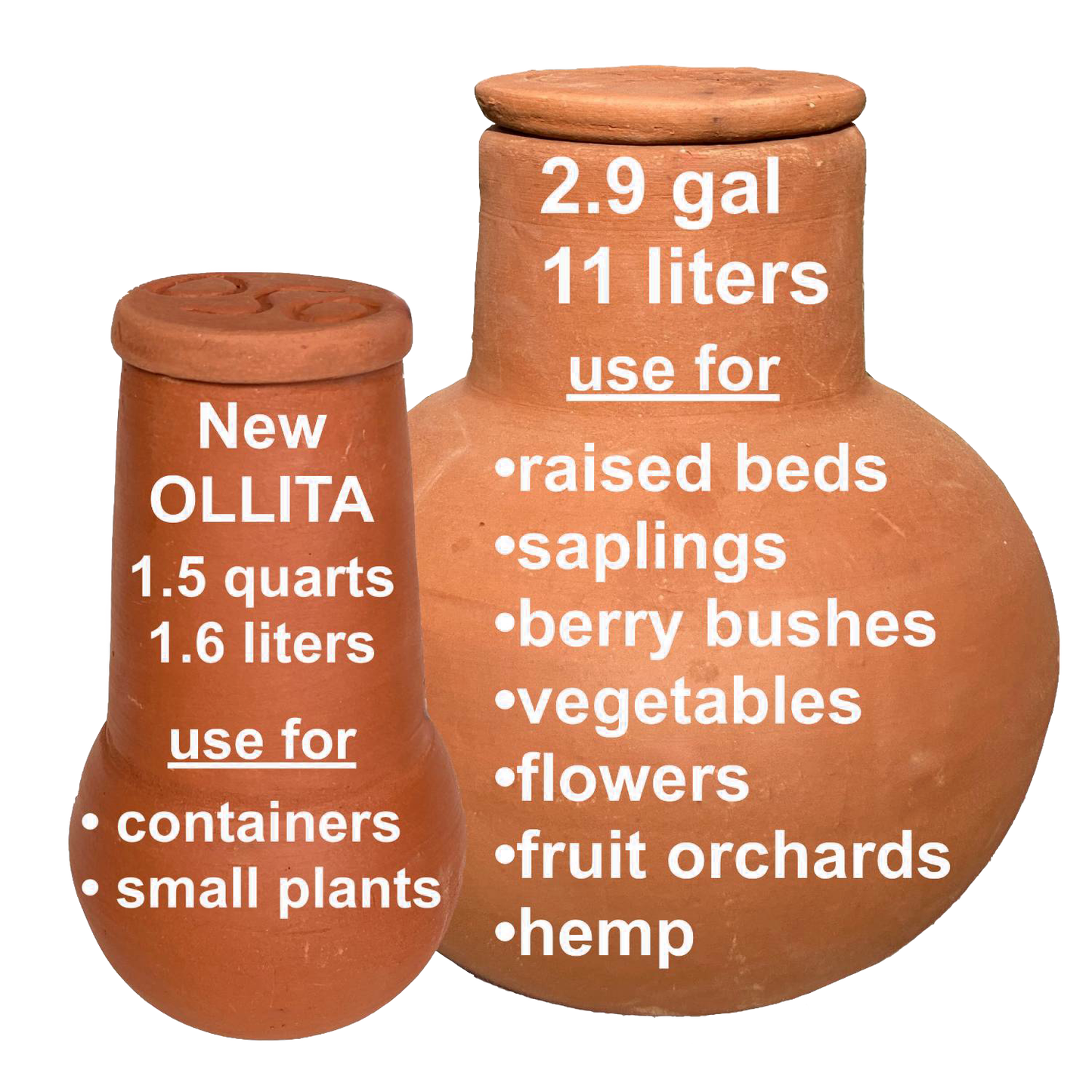 Two handcrafted unglazed terra cotta watering pots in natural clay color, designed for slow water release to irrigate containers, small plants, raised beds, and fruit orchards, featured in Farm, Garden & Tool, Garden Accessories, Lawncare, Best Sellers, and Promo Eligible collections.