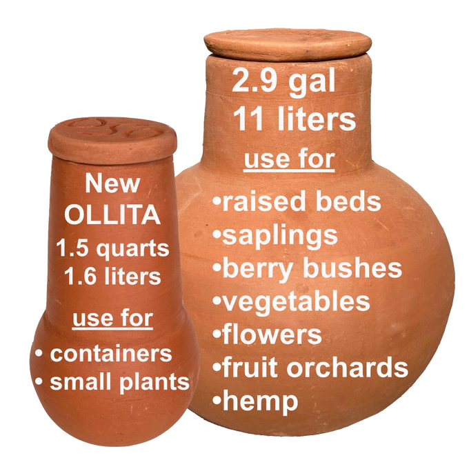 Two handcrafted unglazed terra cotta watering pots in natural clay color, designed for slow water release to irrigate containers, small plants, raised beds, and fruit orchards, featured in Farm, Garden & Tool, Garden Accessories, Lawncare, Best Sellers, and Promo Eligible collections.