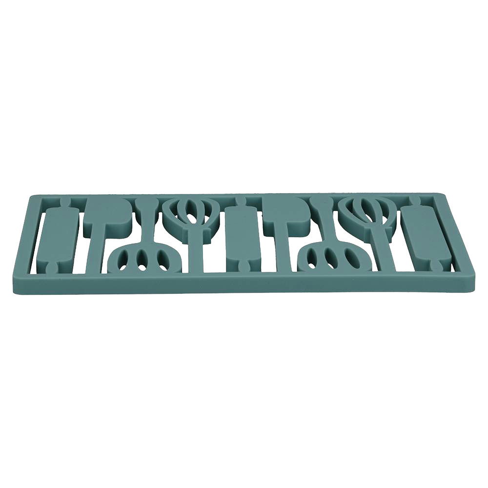 Rectangular silicone trivet in muted green with utensil-shaped cutouts, designed to protect surfaces from heat, featured within Kitchen & Food, Dinnerware, and Holiday Hosting collections.