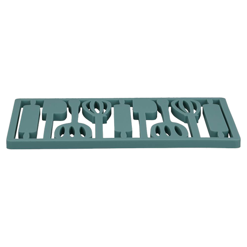 Rectangular silicone trivet in muted green with utensil-shaped cutouts, designed to protect surfaces from heat, featured within Kitchen & Food, Dinnerware, and Holiday Hosting collections.