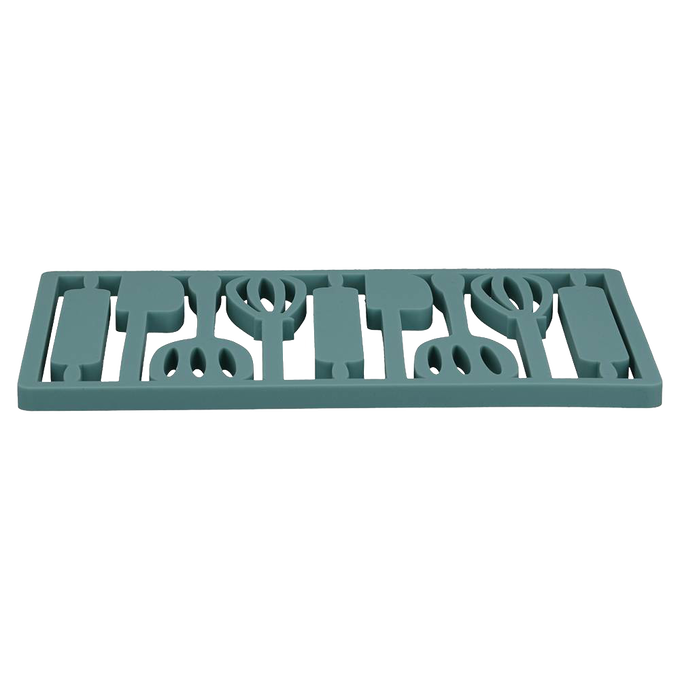 Rectangular silicone trivet in muted green with utensil-shaped cutouts, designed to protect surfaces from heat, featured within Kitchen & Food, Dinnerware, and Holiday Hosting collections.