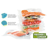 Stack of reusable vacuum-sealed zipper bags containing various fresh foods like vegetables and meat, showcasing multi-layer design for extended freshness, featured in Kitchen & Food and Food Preservation collections.