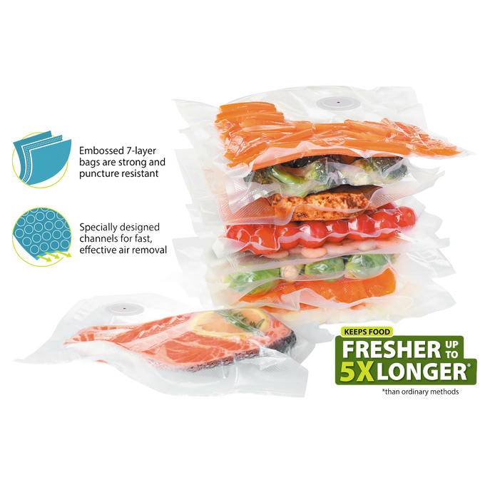 Stack of reusable vacuum-sealed zipper bags containing various fresh foods like vegetables and meat, showcasing multi-layer design for extended freshness, featured in Kitchen & Food and Food Preservation collections.