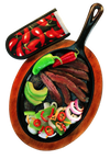 Oval cast iron griddle with sliced grilled steak, bell peppers, onions, and avocado on a red stained wooden underliner, accompanied by a chili pepper hot handle holder, featured in Kitchen & Food, Camping, Cookware, Cast Iron, Best Sellers, and Farm, Garden & Tool collections.