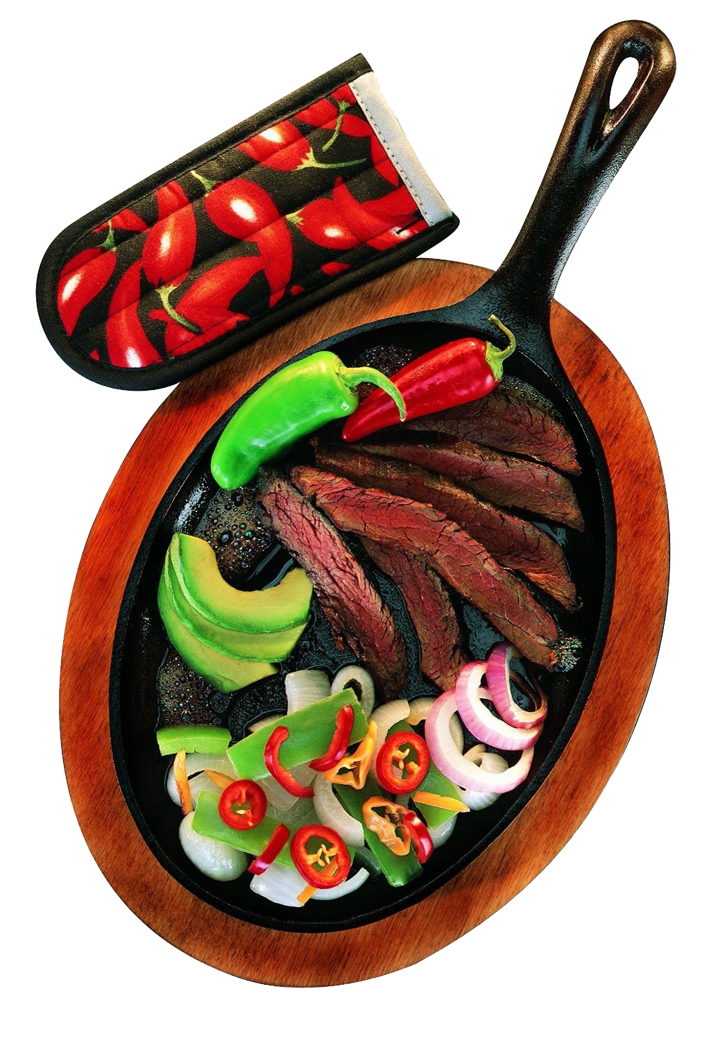Oval cast iron griddle with sliced grilled steak, bell peppers, onions, and avocado on a red stained wooden underliner, accompanied by a chili pepper hot handle holder, featured in Kitchen & Food, Camping, Cookware, Cast Iron, Best Sellers, and Farm, Garden & Tool collections.