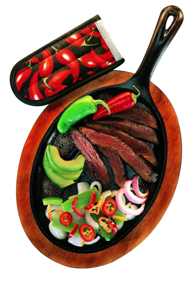 Oval cast iron griddle with sliced grilled steak, bell peppers, onions, and avocado on a red stained wooden underliner, accompanied by a chili pepper hot handle holder, featured in Kitchen & Food, Camping, Cookware, Cast Iron, Best Sellers, and Farm, Garden & Tool collections.