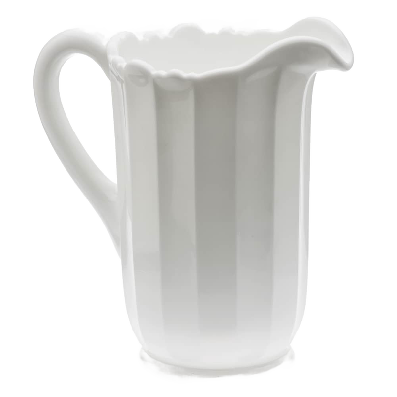 Handcrafted USA-made glass pitcher with a thick handle and fluted milk glass body, ideal for Kitchen & Food, Dinnerware, Storage and Serving, and Best Sellers collections.