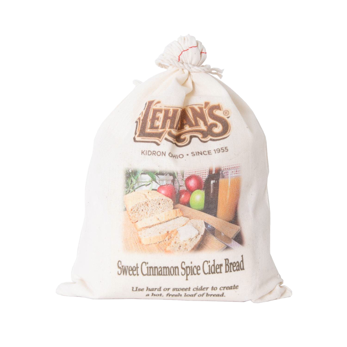 Natural fabric drawstring bag containing handcrafted sweet cinnamon spice cider bread mix with charming rustic branding, perfect for Kitchen & Food, Pantry, Dry Goods and Mixes, Best Sellers, Promo Eligible collections.
