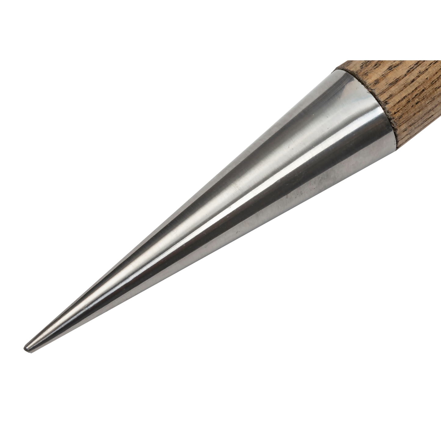 Close-up of a mirror-polished stainless steel dibber tip with a natural wooden handle, designed for quick planting in Farm, Garden & Tool and Seeds and Planting collections.