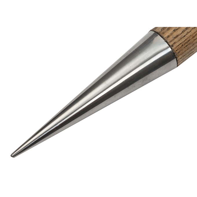 Close-up of a mirror-polished stainless steel dibber tip with a natural wooden handle, designed for quick planting in Farm, Garden & Tool and Seeds and Planting collections.