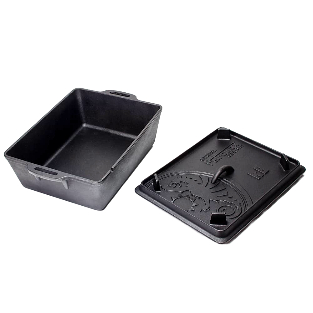 Rectangular cast iron loaf pan with a decorative lid, designed for versatile baking and cooking, ideal for farm, garden, kitchen, camping, and cast iron cookware collections.