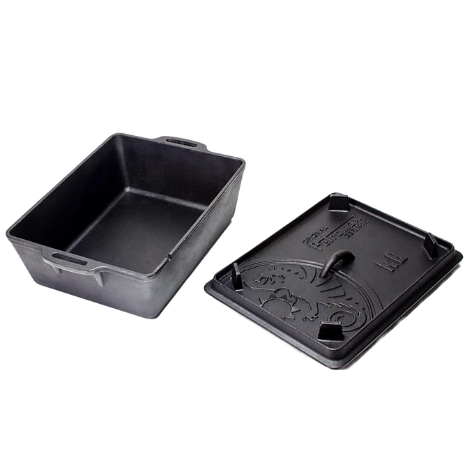 Rectangular cast iron loaf pan with a decorative lid, designed for versatile baking and cooking, ideal for farm, garden, kitchen, camping, and cast iron cookware collections.